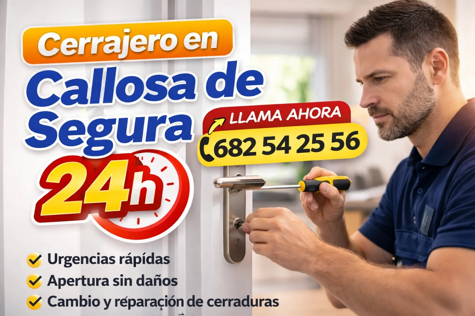 Cerrajero en Callosa de Segura 24 horas realizando apertura de puerta sin daños con servicio urgente y atención inmediata.