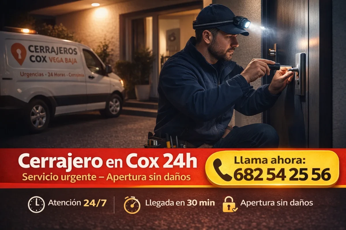 Cerrajero en Cox 24 horas realizando apertura de puerta sin daños con servicio urgente y atención inmediata.