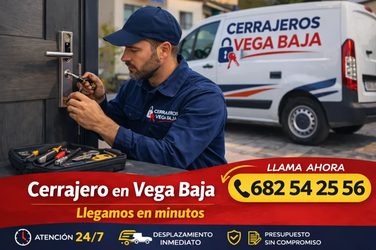 Cerrajero en vega baja 24 horas realizando apertura de puerta sin daños servicio urgente.
