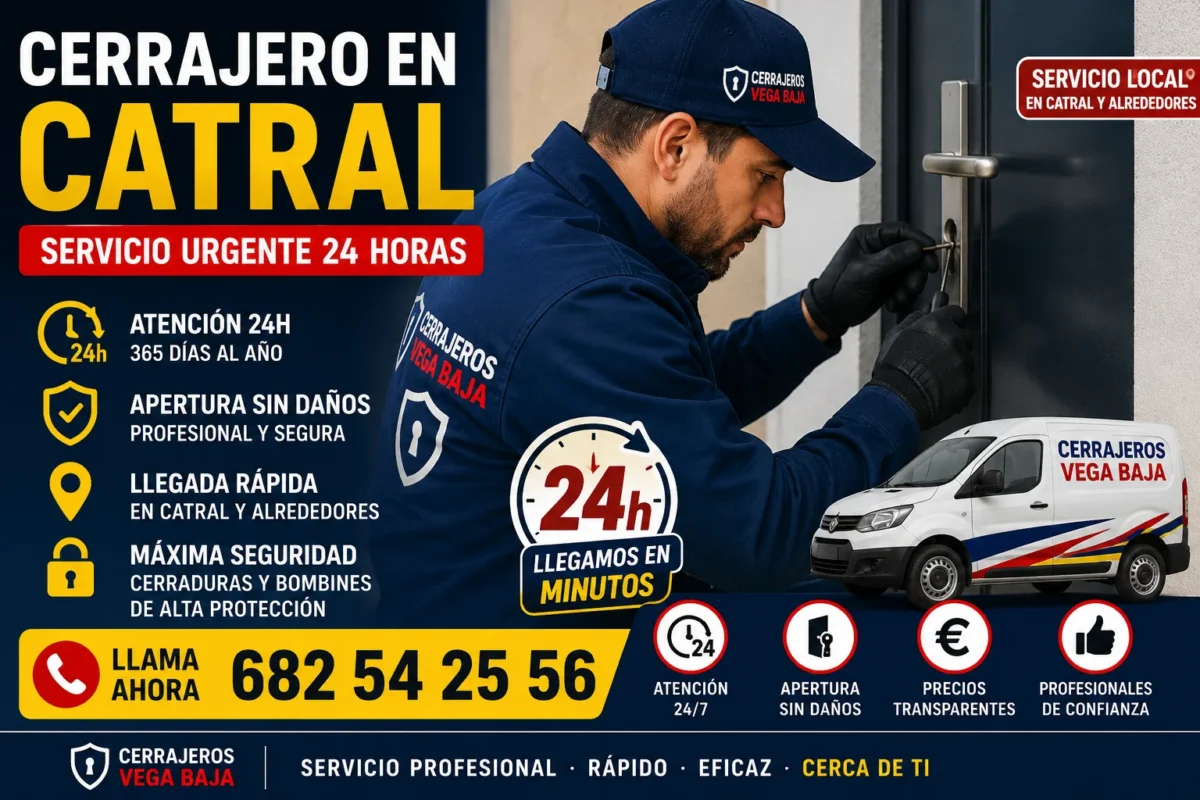 Cerrajero en Catral 24 horas realizando apertura de puerta sin daños con servicio urgente y atención rápida en Vega Baja.