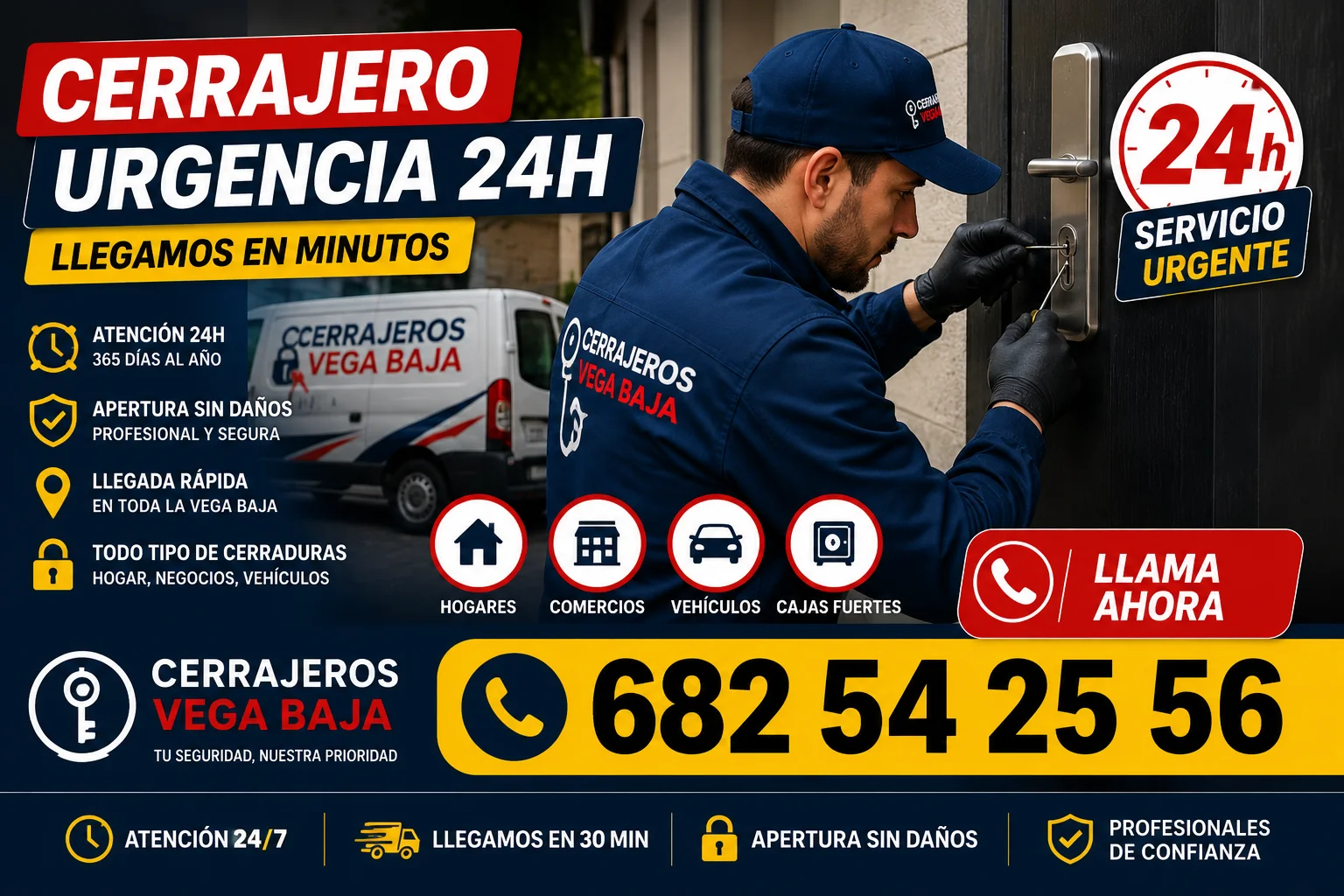 Cerrajero urgente en Vega Baja realizando apertura profesional de puerta con servicio 24 horas y asistencia rápida sin daños.