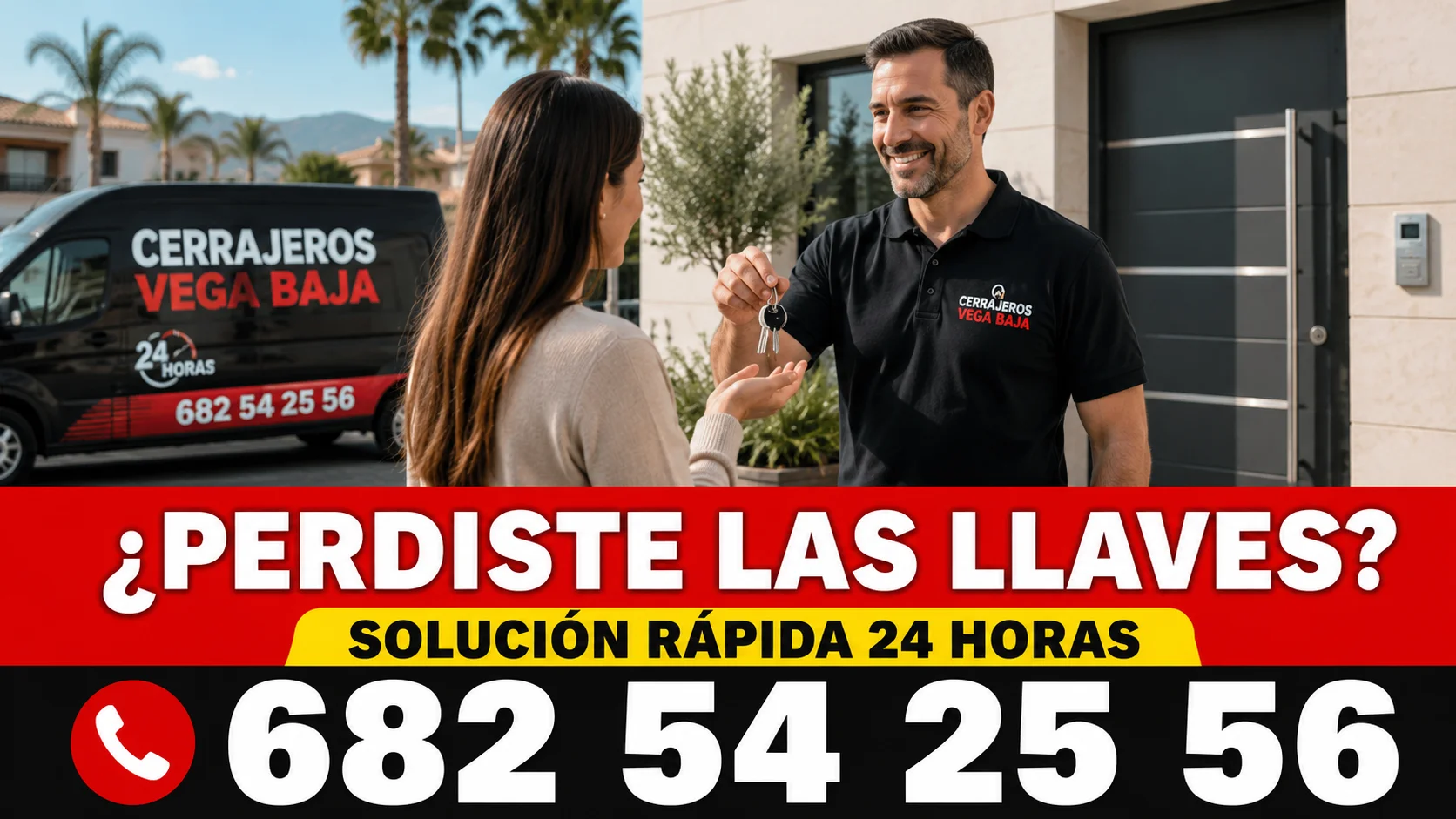 Cerrajero en Vega Baja entregando llaves a una clienta frente a una vivienda con servicio urgente 24 horas y asistencia rápida.